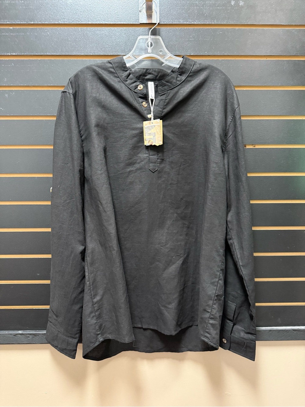 NWT NITAGUT Black Linen Cotton Roll Tab Henley Shirt Men’s L